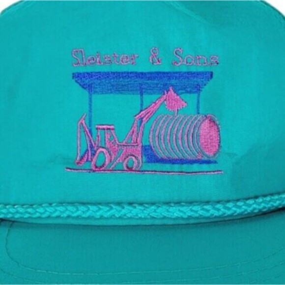 Vintage 80s Yupoong "Sleister & Sons" Teal Rope Nylon Snapback Trucker Hat - Picture 2 of 8
